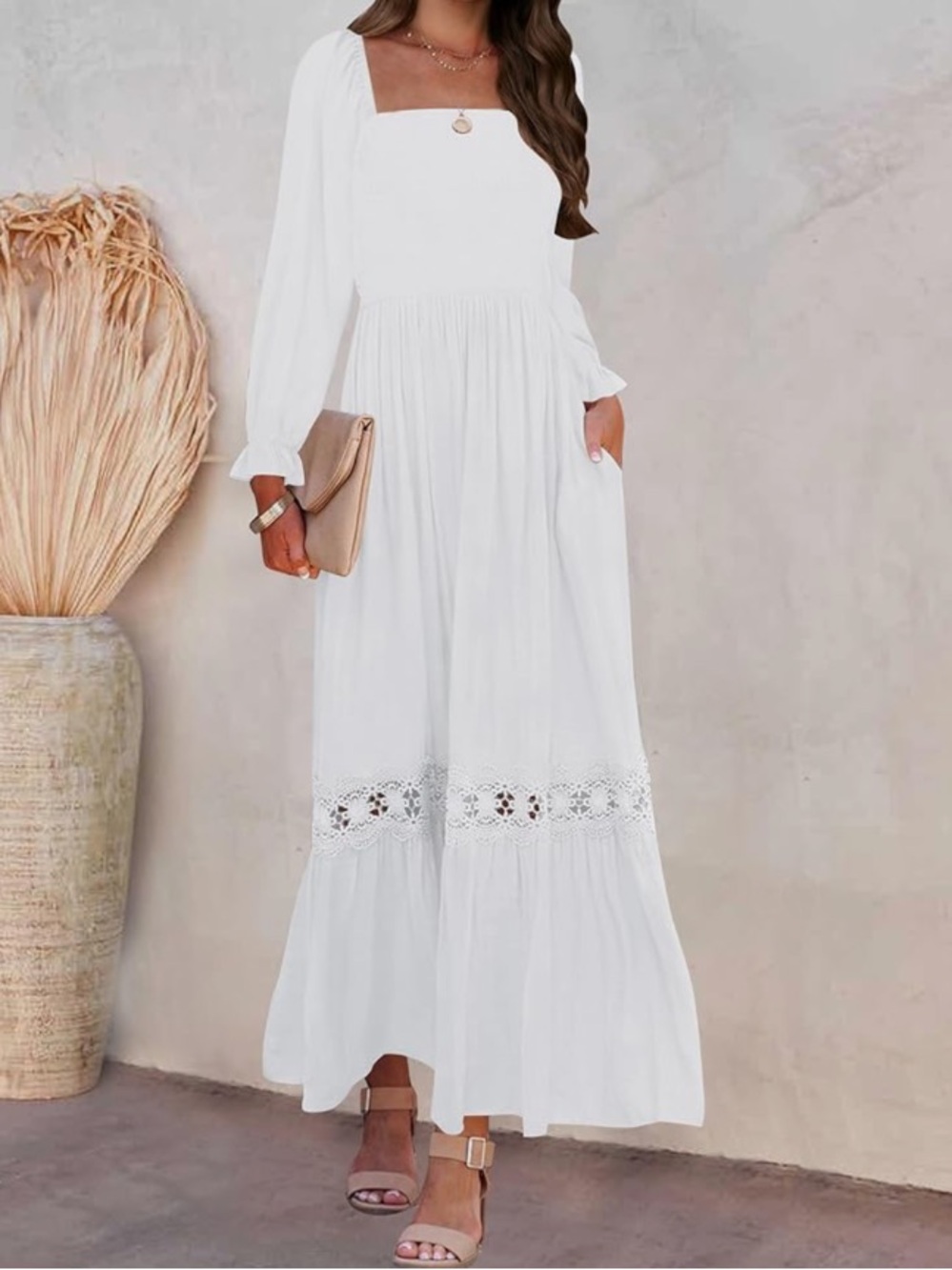 Zesica White Smocked Flowy Maxi Dress Lace Hem Puff Sleeve Size Medium